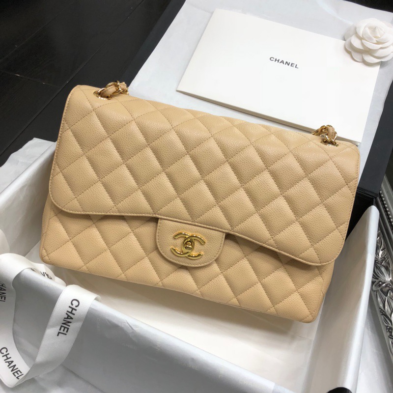 Ch@nel Flap Bag-Cavir Leather-Gold-30CM