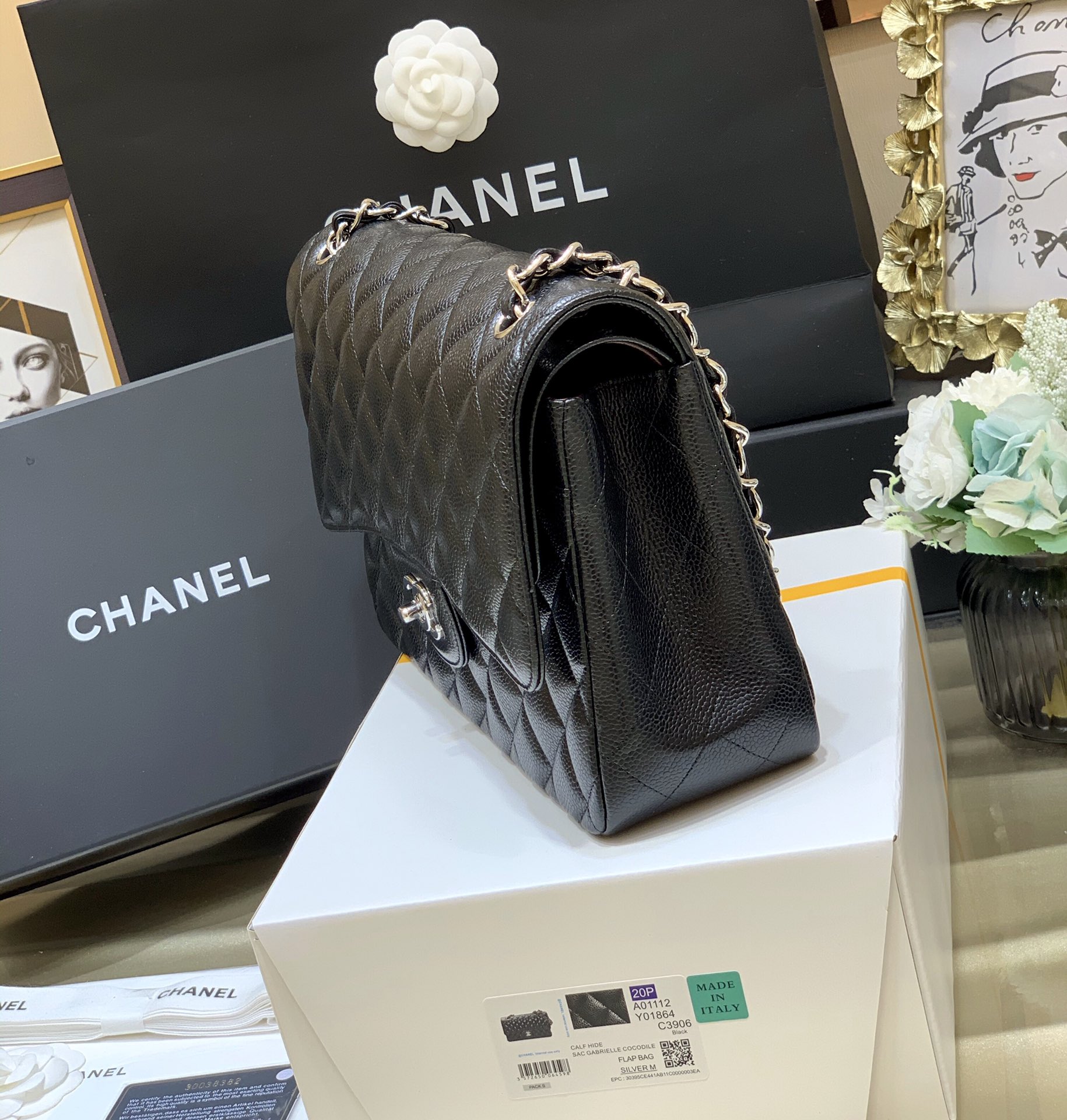 Ch@nel Flap Bag-Cavir Leather-Silver-30CM