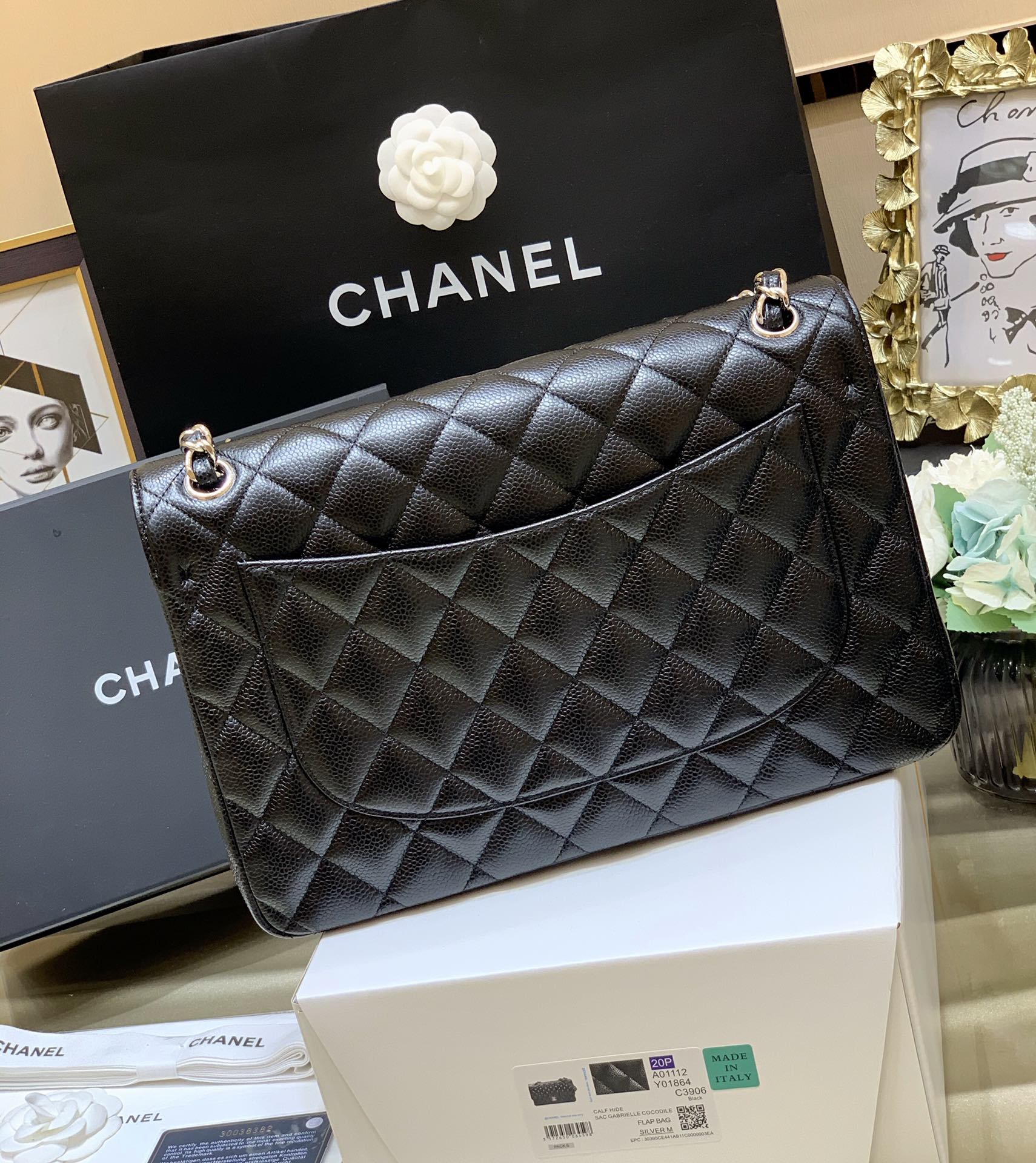 Ch@nel Flap Bag-Cavir Leather-Silver-30CM
