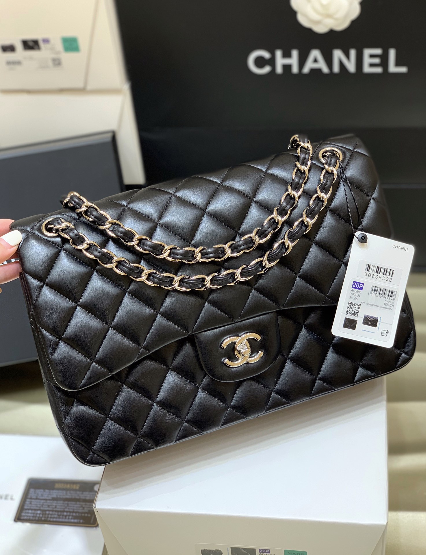 Ch@nel Flap Bag-Lambskin-Silver-30CM
