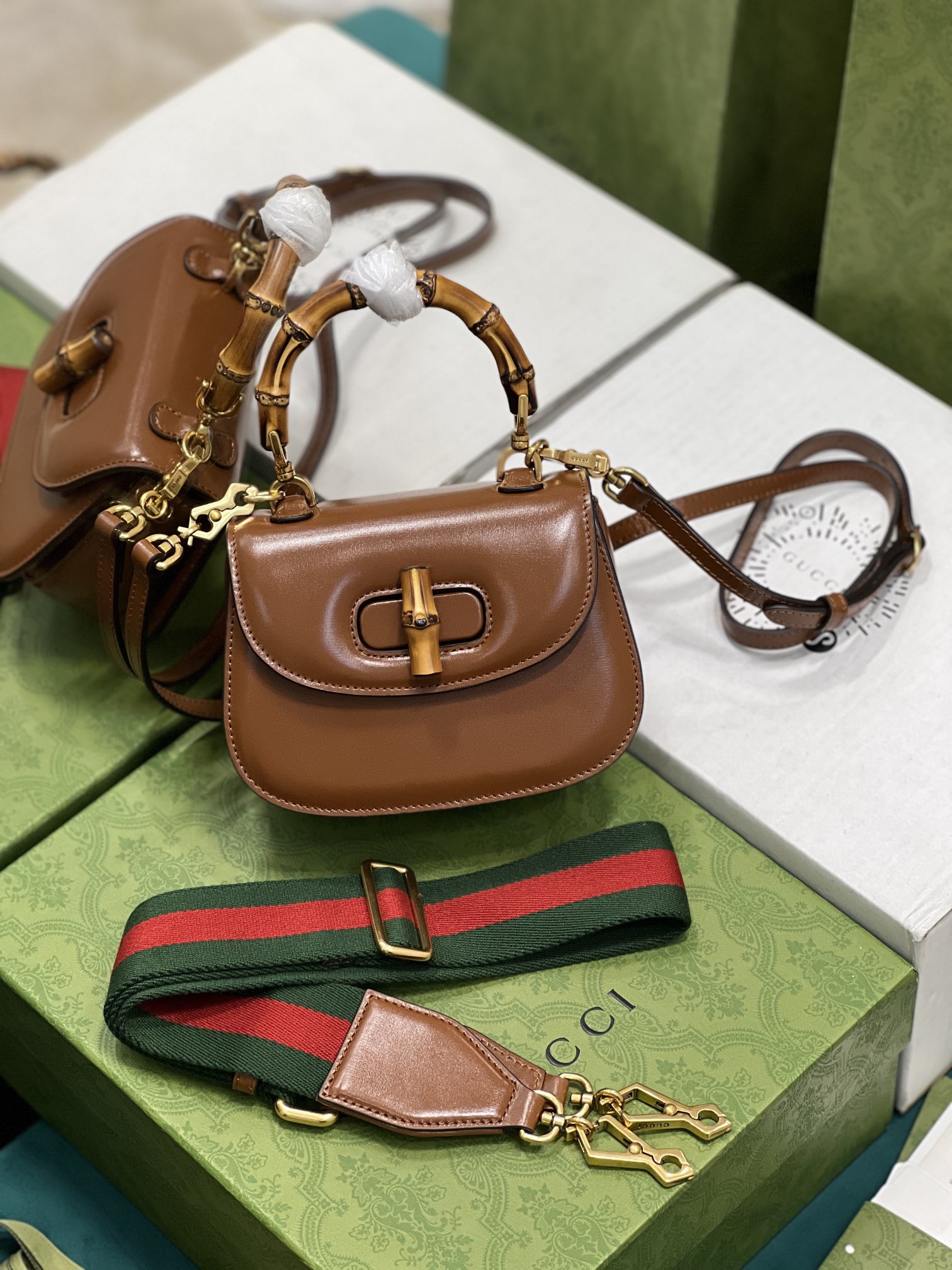 G*u*i top handle bag with bamboo-17*12*7.5&21*15*7cm