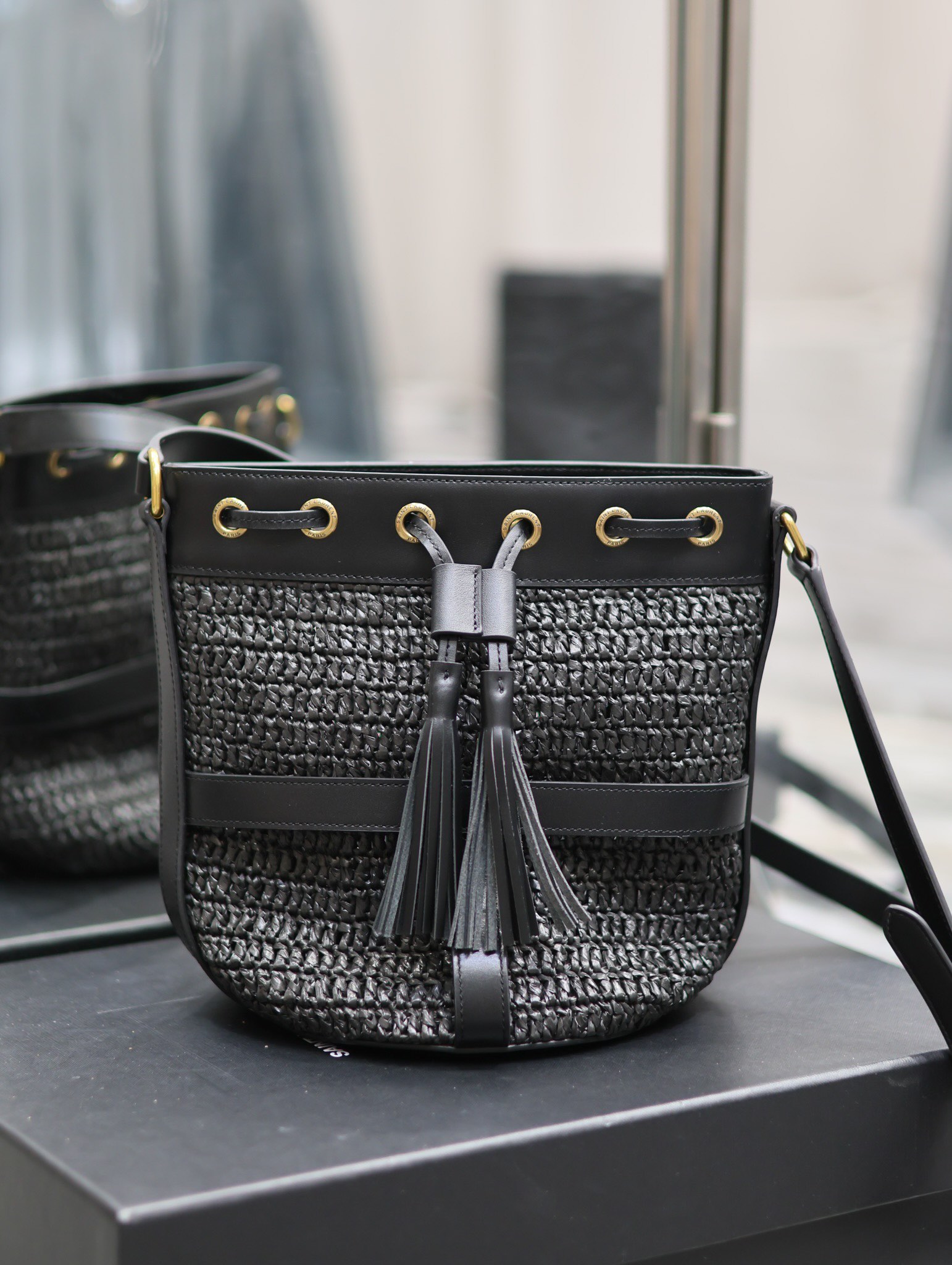 Y*L raffia straw craft bucket bag-22×15×15cm