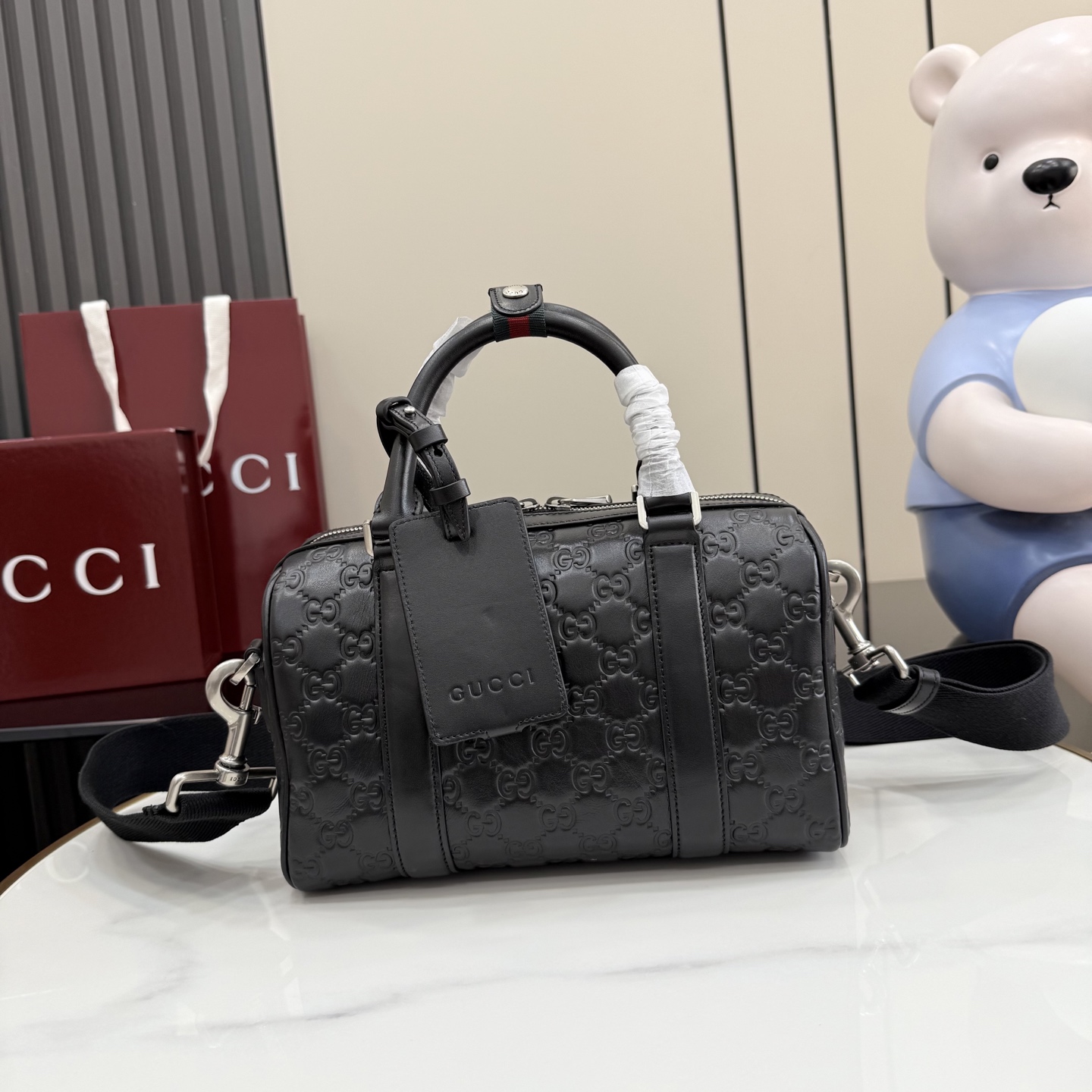 Gv*c* GG Emblem Small Duffle Bag In Black GG leather -25*16*14CM
