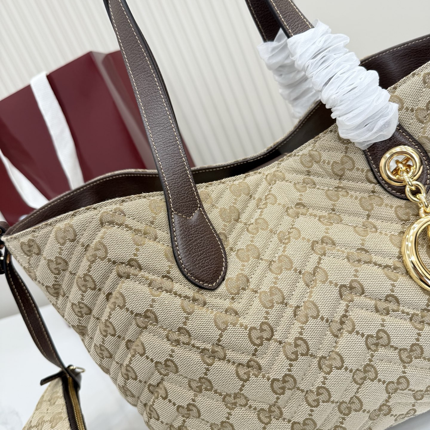 Gv*c* GG Marmont Large Tote Bag in Sand And Brown GG Canvas-30*23*18CM