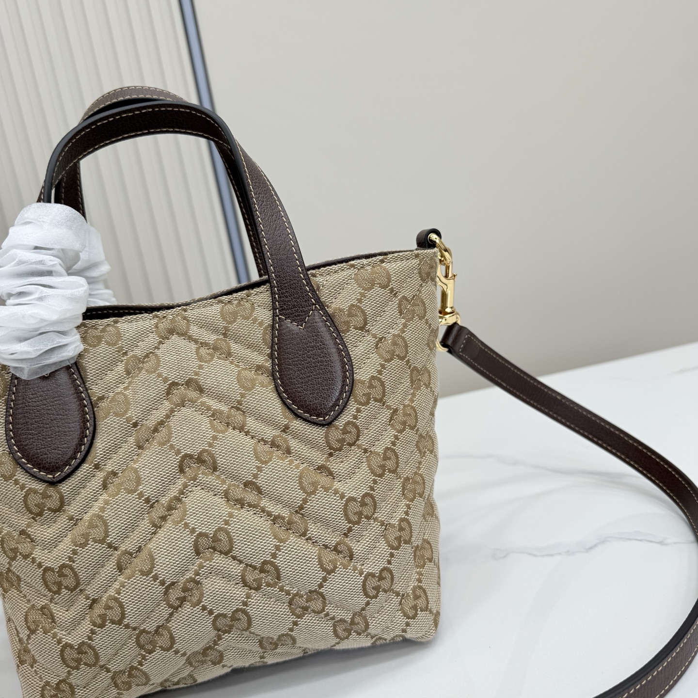 Gv*c* GG Marmont Small Tote Bag in Sand And Brown GG Canvas-17*5*17*12.5CM