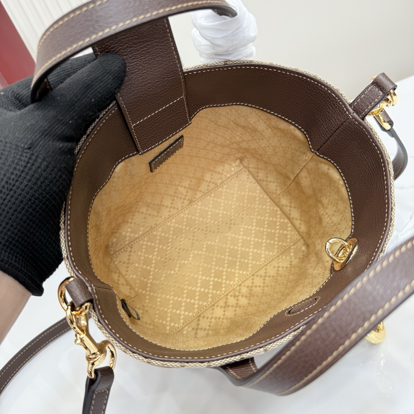 Gv*c* GG Marmont Small Tote Bag in Sand And Brown GG Canvas-17*5*17*12.5CM
