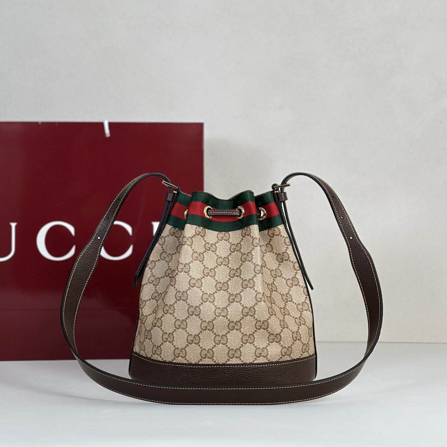 Guc*ci Venice Bucket Bag In Sand And Brown GG Canvas-20.5*23*14CM
