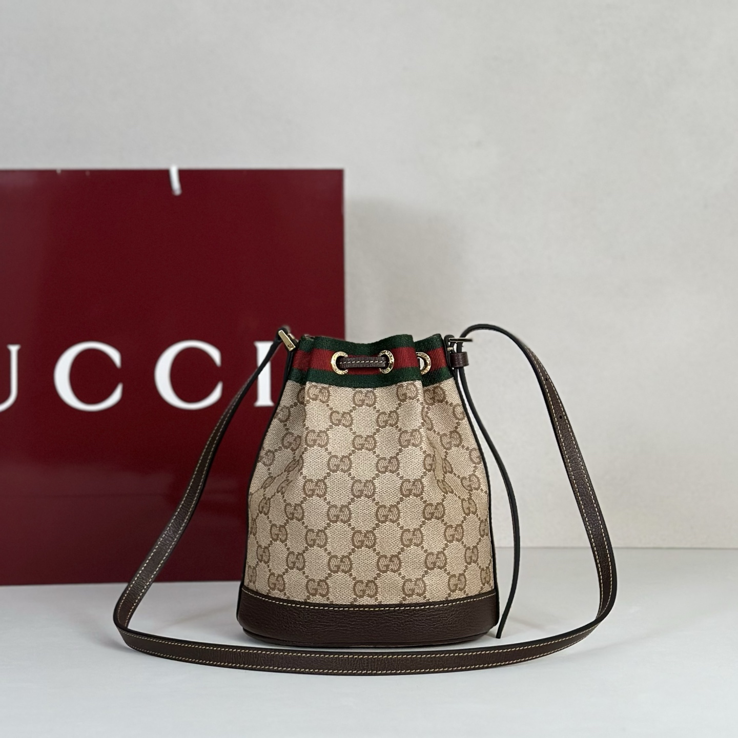 Guc*ci Venice Mini Bucket Bag In Sand And Brown GG Canvas-15.5*19.5*10.5CM