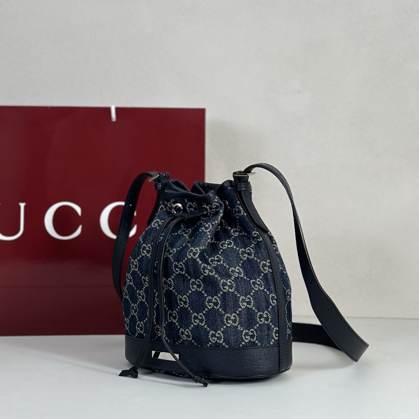 Guc*ci Venice Bucket Bag In Dark Blue GG Canvas-20.5*23*14CM
