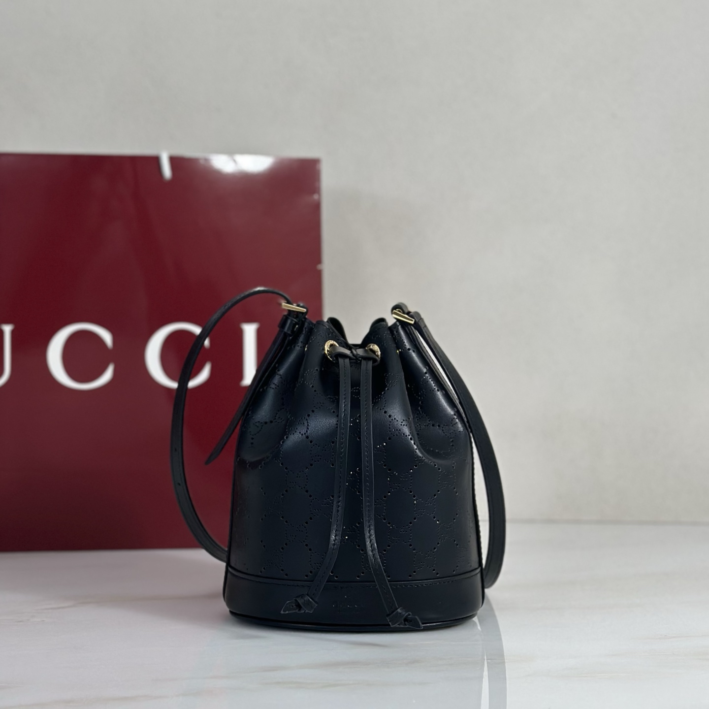 G*ucci Venice Small Bucket Bag In Black GG Leather-15.5*19.5*10.5CM