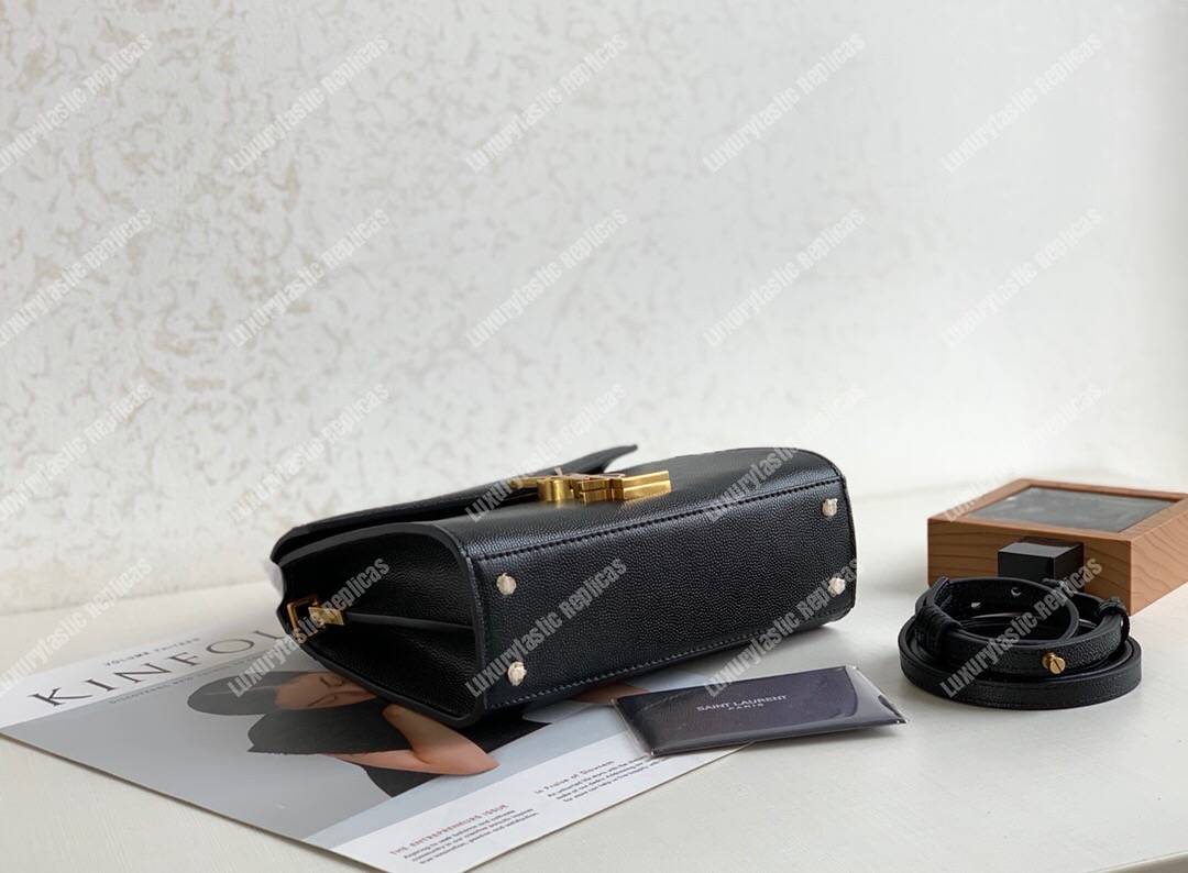 Saint Laurent Cassandra Mini Top Handle Bag In Grain De Poudre Embossed Leather Black