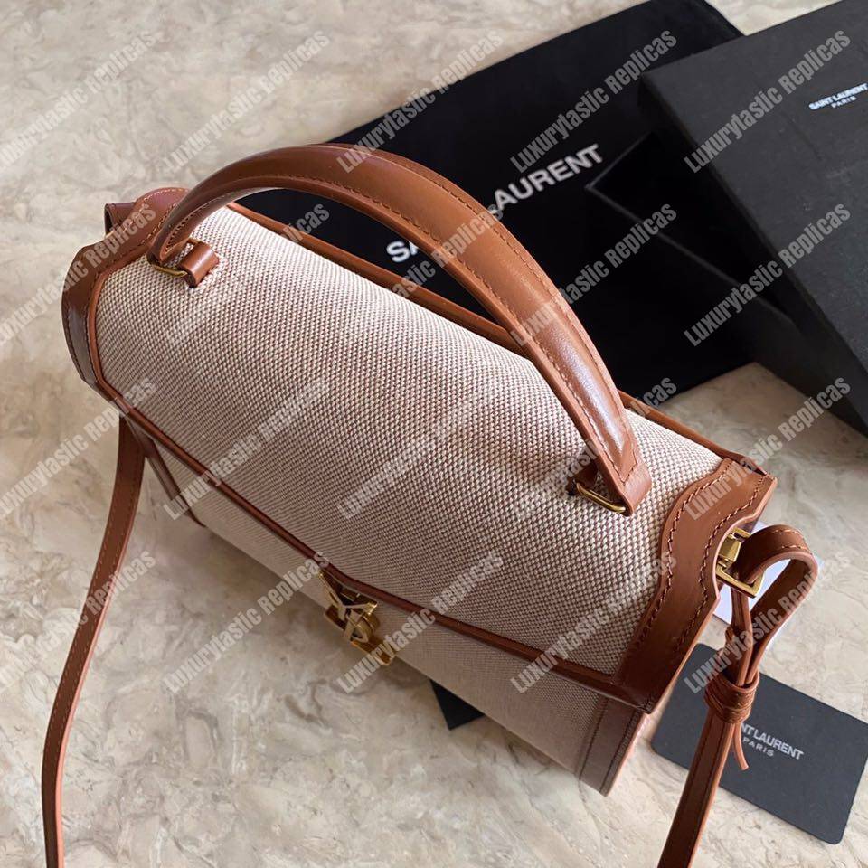 Saint Laurent Cassandra Medium Top Handle Bag In Canvas And Smooth Leather Natural Beige