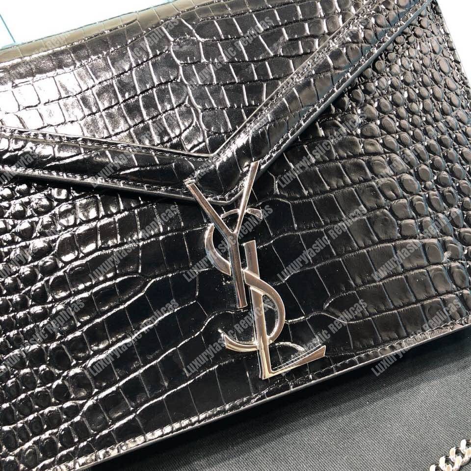 Saint Laurent Cassandra Monogram Clasp Bag In Crocodile Embossed Shiny Leather Black
