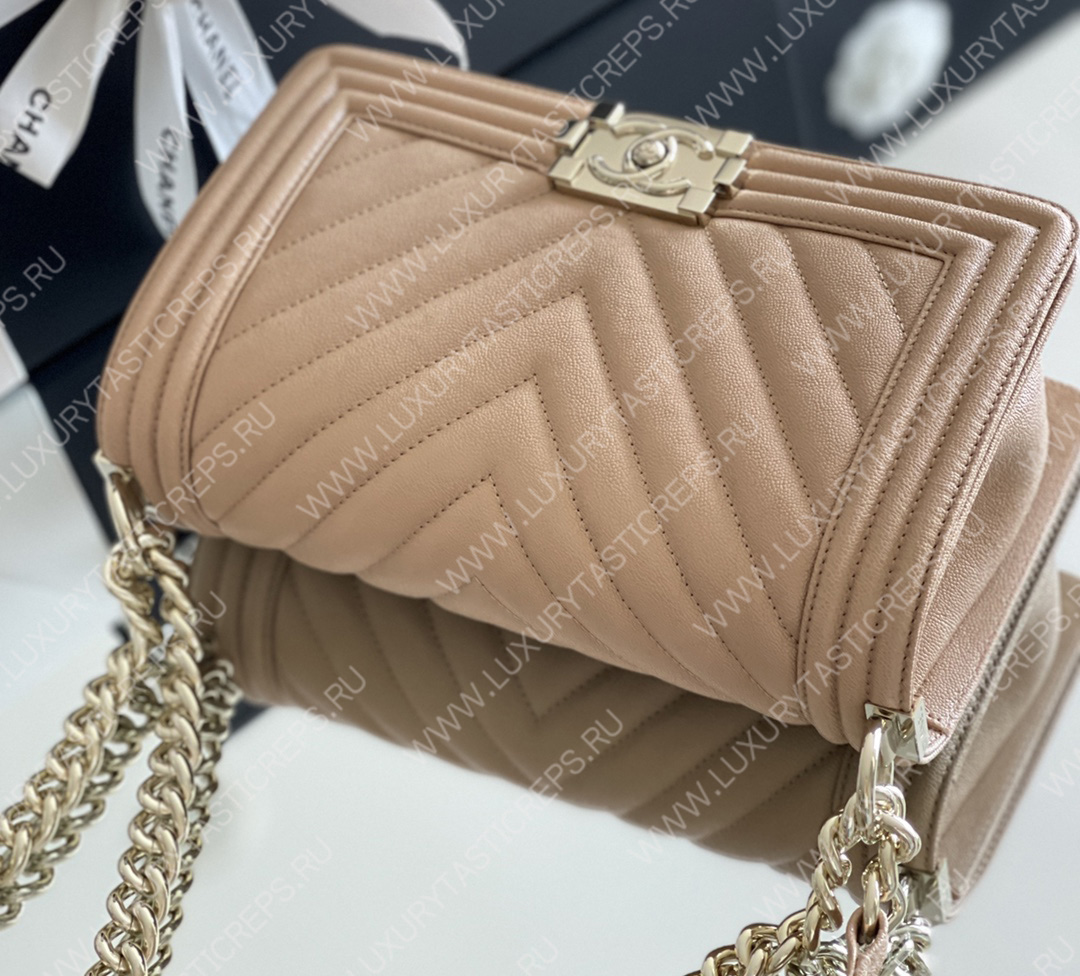 Caviar Chevron Quilted Medium Boy Flap Dark Beige